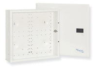 White 14-unit wall-mount network media center with hinged door and cable management panel