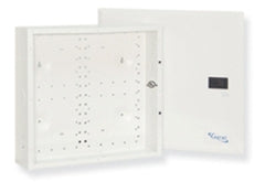 White 14-unit wall-mount network media center with hinged door and cable management panel