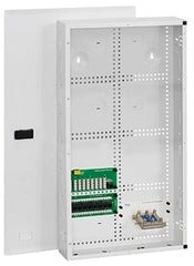 ICC 28 Voice Data Video Net Media Center white wall-mounted cabinet with open door showing internal wiring terminals and org…