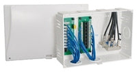ICC 9-inch net media center with open hinged door displaying pre-loaded blue and black network cabling modules and cable man…