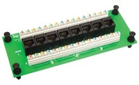 Green ICC 8 port Cat 6 data module with black connectors and white label ports for network cabling installations
