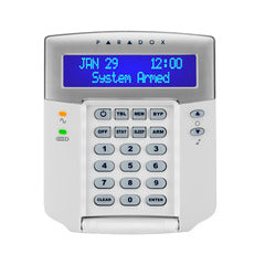 Paradox 32-character hardwired LCD keypad module with blue display screen and numeric keypad buttons for security system con…