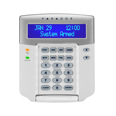 Paradox 32-character blue LCD keypad module with white housing, numeric keypad, and status indicators for security systems