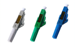 Three LC singlemode mechanical connectors in white, green, and blue with 900um cores displayed in a 10-pack