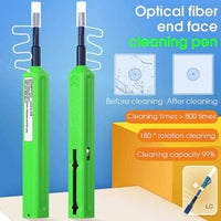 CP-125 1.25mm fiber optic cleaning pen with green barrel, showing end face connector and cleaning supplies