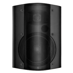 OWI 6.5 inch black outdoor patio speaker with woofer and tweeter drivers mounted on curved cabinet