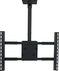 Black ceiling mount for large flat panel TVs, accommodating 37 to 70 inch displays with dual articulating arms