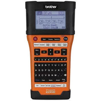 Brother wireless industrial handheld labeling tool with orange and black casing, LCD display, QWERTY keyboard, and included …