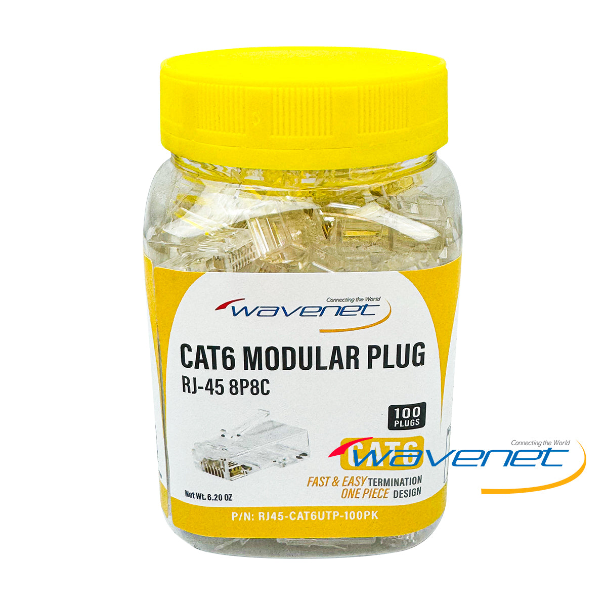 Wavenet CAT6 modular RJ-45 8P8C plug 100-pack in yellow container with gold-plated connectors