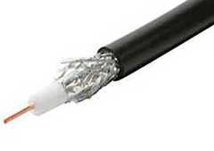 RG6 coaxial cable with bare copper conductor and black jacket, showing stripped end detail