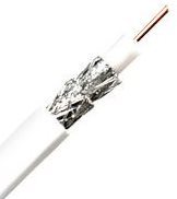 RG6 quad shield coaxial cable with bare copper conductor and white jacket, showing internal shielding layers