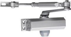 SECO-LARM Enforcer door closer showing top arm and bottom mounting bracket for metal and wood doors