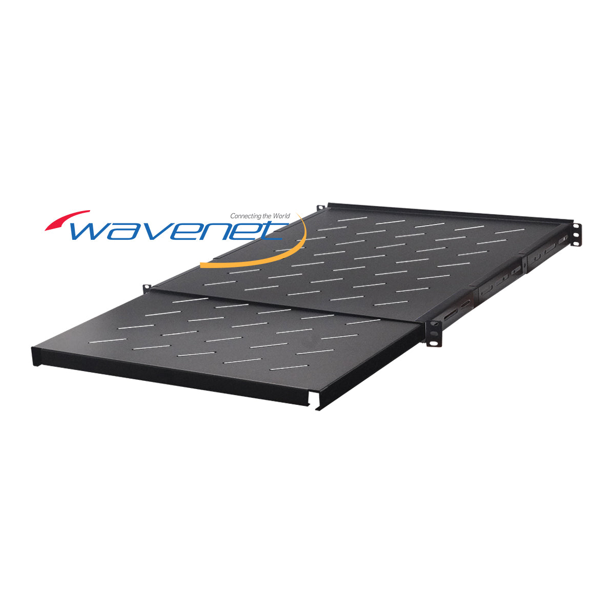 Black adjustable 1U rack shelf with perforated surface and mounting brackets for server cabinet installation