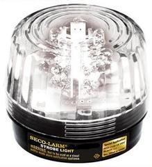 SECO-LARM clear strobe light with cross symbol, 6-12VDC rated, black base with information label visible