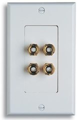 White dual speaker wall plate with four gold-plated binding post connectors for audio networking installations