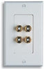 White dual speaker wall plate with four gold-plated binding post connectors for audio networking installations