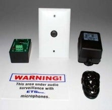 ETS single zone microphone audio surveillance kit components including wall plate, circuit board, power supply, and remote c…