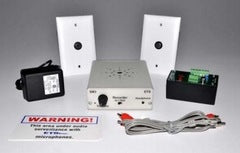 ETS Expanded Single Zone Audio Surveillance Kit with white wall speakers, control unit, amplifier, power supply, and install… Main image