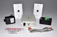ETS Expanded Single Zone Audio Surveillance Kit with white wall speakers, control unit, amplifier, power supply, and install…