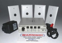 ETS 4-zone audio surveillance kit with white wall-mounted speakers, black control unit, power supply, and remote control
