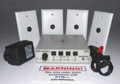 ETS 4-zone audio surveillance kit with white wall-mounted speakers, black control unit, power supply, and remote control