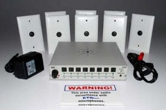 ETS Zone Audio Surveillance Kit with 8 white speakers, central control hub, black microphone, power adapter, and warning lab… Main image