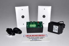 ETS Zone Microphone Audio Surveillance Kit with 2 white microphones, green circuit board, power adapter, and warning label Main image