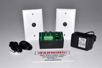 ETS Zone Microphone Audio Surveillance Kit with 2 white microphones, green circuit board, power adapter, and warning label