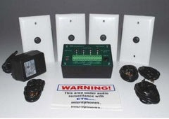 ETS 4-zone microphone audio surveillance kit with control panel, four white wall-mounted microphones, power adapter, and war… Main image