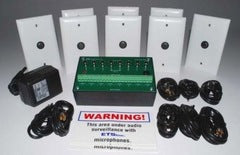 ETS Zone Microphone Audio Surveillance Kit with 8 zones including control panel, wall-mounted sensors, and dome microphones