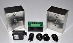 ETS 2-way audio surveillance system showing dual weather-resistant enclosures, control module, power adapter, and four wirel…