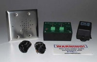ETS 2-way audio surveillance system components including wall-mounted speaker unit, control module, and dual zone selector s…
