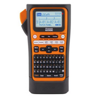 P-Touch Edge handheld industrial label printer with orange and black casing, LCD display screen, and QWERTY keyboard for net…