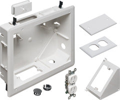 Arlington Industries 8x10 TV box with outlet components, wall plates, and installation hardware for structured cabling