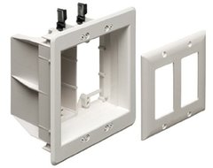 Arlington Industries double gang recessed TV box with white faceplate and bracket, showing interior wiring compartment and k… Main image