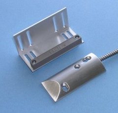 Flair Electronics 3 inch overhead door magnetic contact with metal mounting bracket and sensor probe on blue background