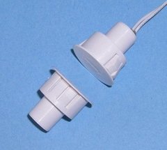 White recessed magnetic contact sensor with 1 inch gap, featuring white connector body and white cable attachment