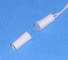 Flair Electronics 3/8 inch stubby recessed magnetic alarm contact in white with attached cable on blue background Main image