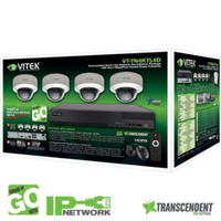 4-channel NVR surveillance system with 4MP dome cameras, purple recorder unit, and green product packaging displayed