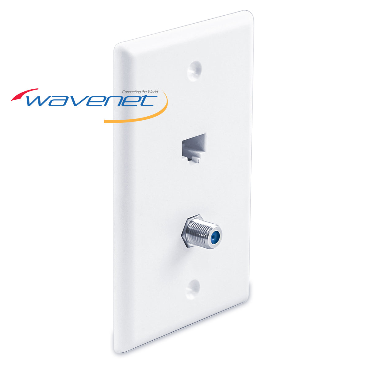 White 2-port wall plate with Ethernet jack and coaxial connector for network cabling installations
