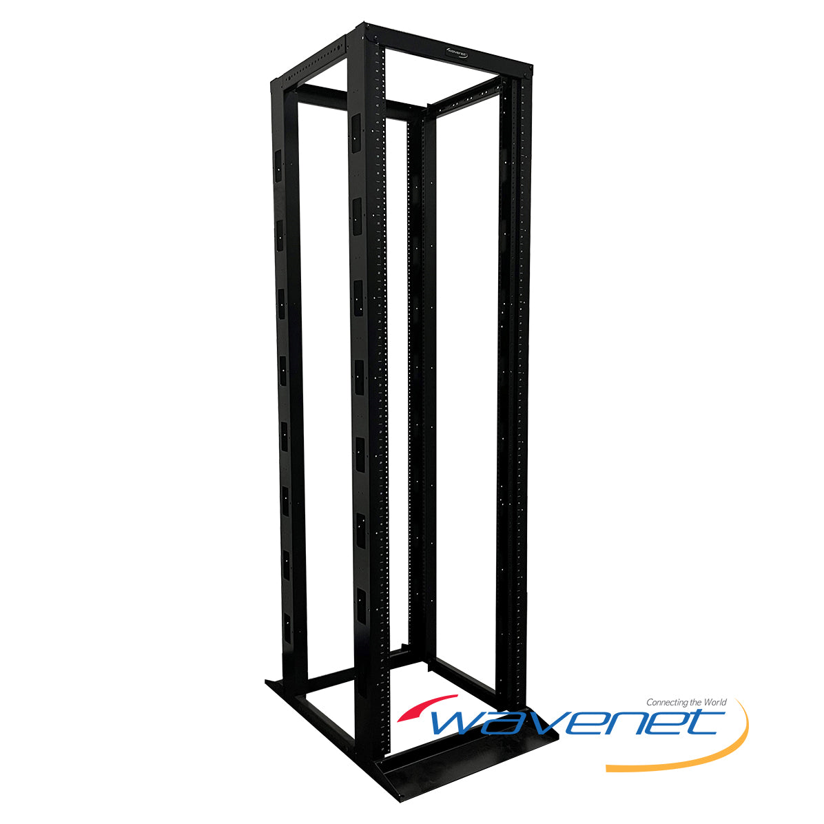 4POST-45U adjustable open frame network rack with black steel construction, featuring dual vertical rails and mounting holes… Main image