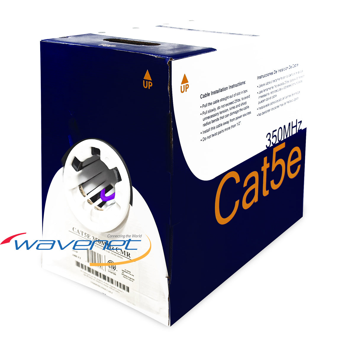 Purple Cat5e network cable spool in branded box with cable installation instructions and 350 MHz specification label
