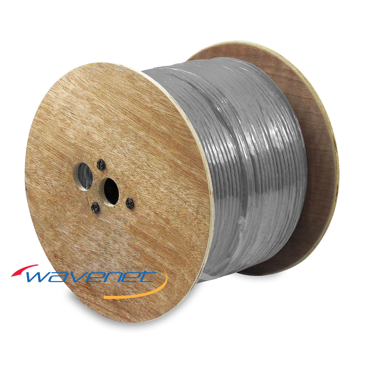 Wooden spool of gray 350MHz UTP riser cable with 24AWG 25-pair twisted pair networking wire
