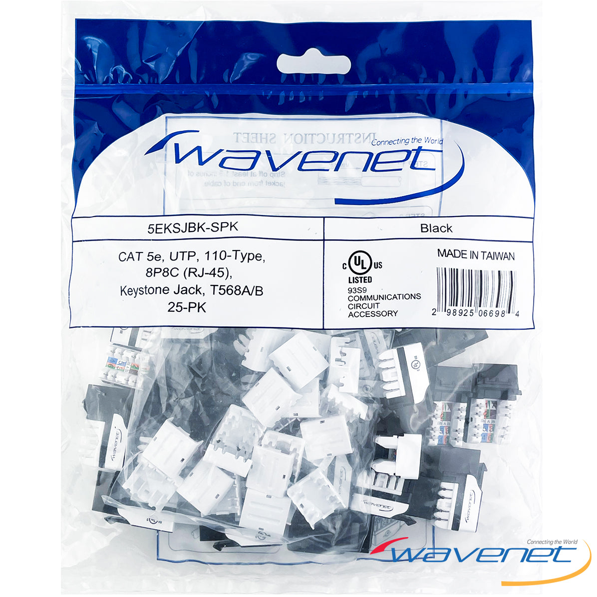 Wavenet Cat5e Keystone Jack 25-pack in black with Keystone and T568A/B wiring specifications Main image