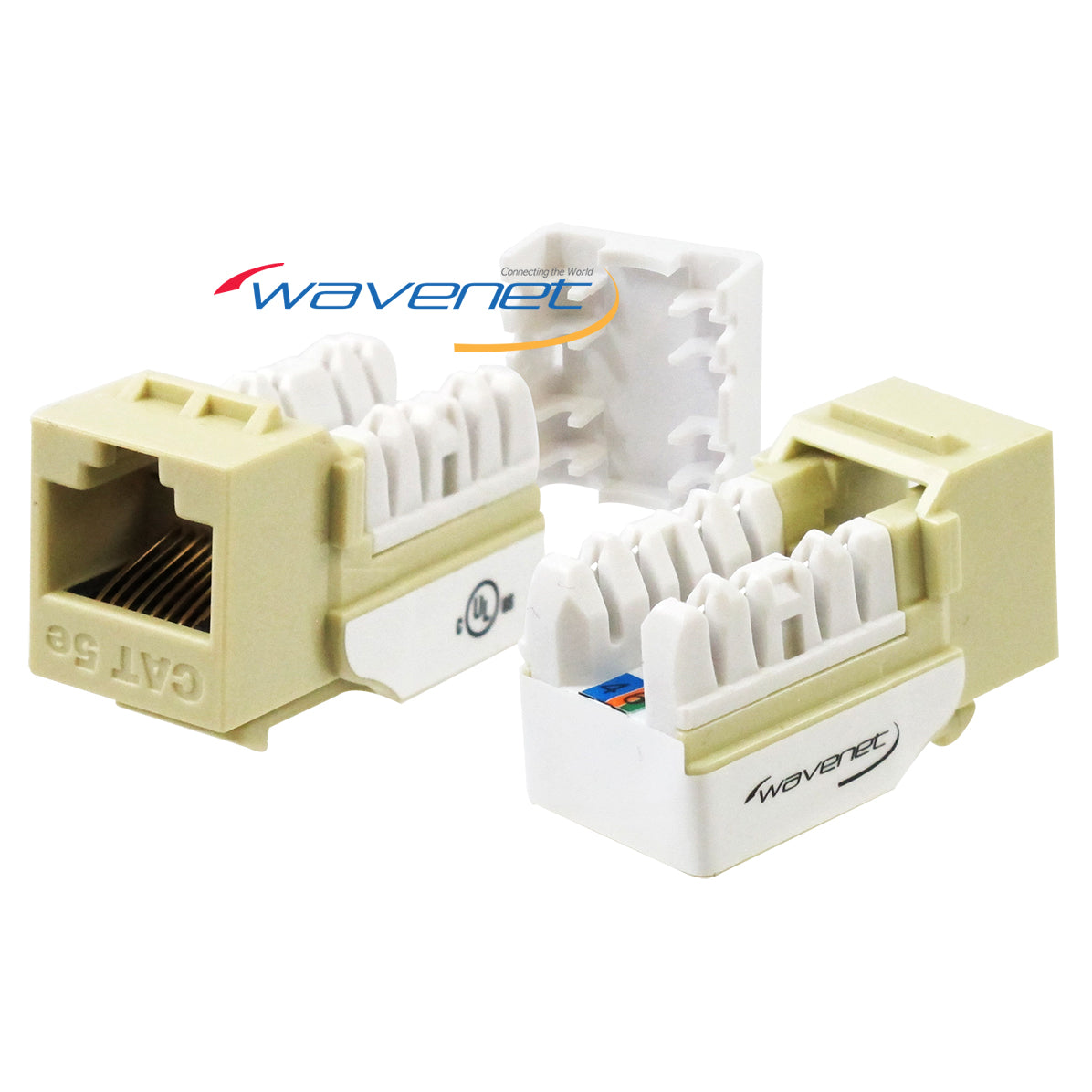 Wavenet Cat5e Keystone Jack in ivory color with white internal components, showing three jack units with beige faceplates Main image