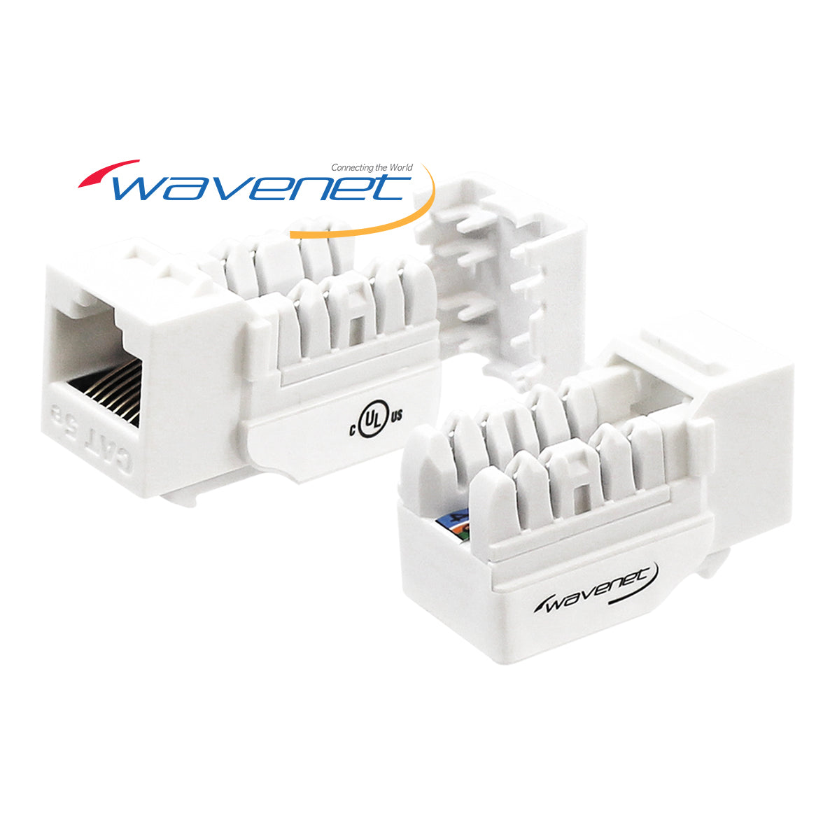 Wavenet Cat5e Keystone Jack in white with internal wiring terminals and UL certification marking