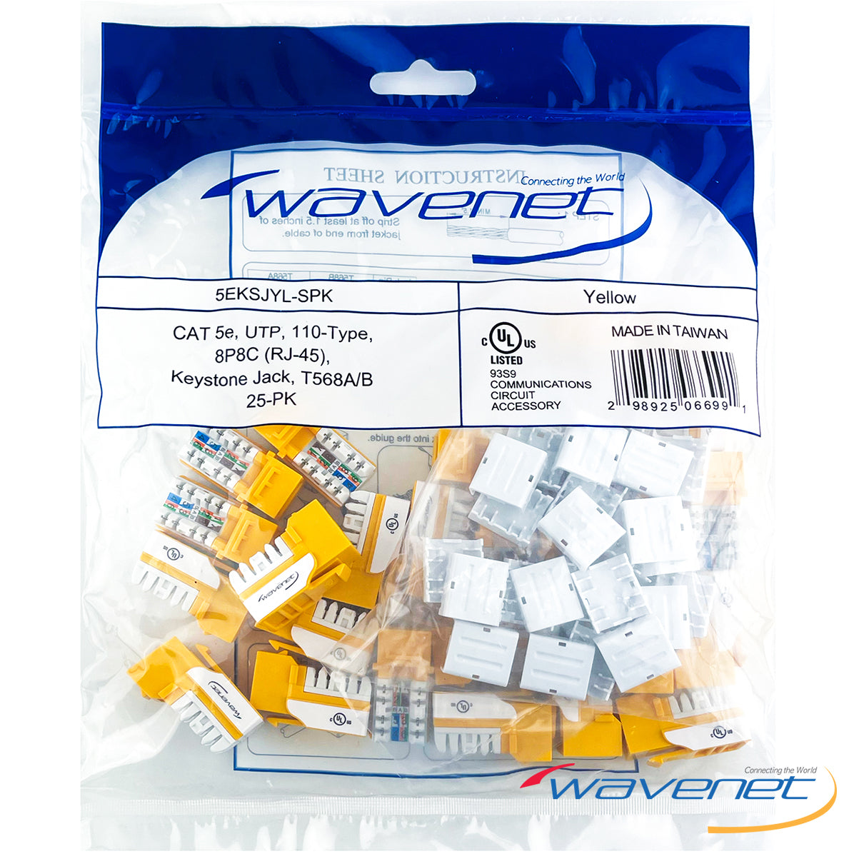 Wavenet Cat5e yellow keystone jacks 25-pack with Keystone and RJ-45 connectors for structured cabling installations Main image