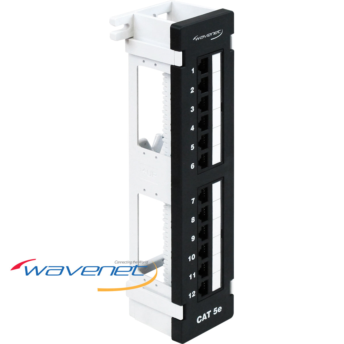 Wavenet 12-port Cat 5e wall mount patch panel with numbered ports 1-12 and white mounting bracket
