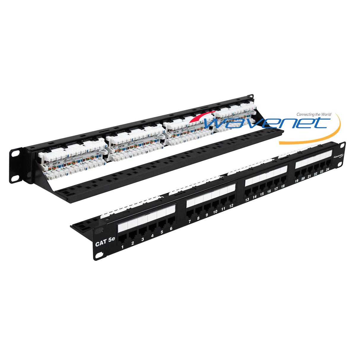 Wavenet Cat5e 24-port patch panel and labeled cable management panel displayed side by side