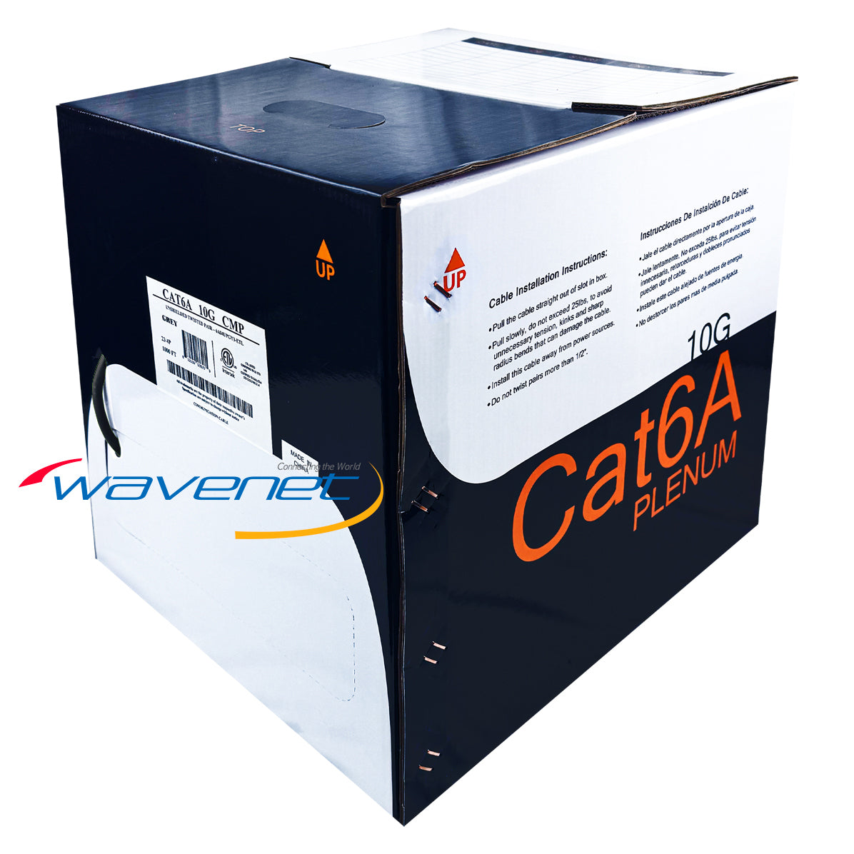 Wavenet Cat6A UTP 10G Plenum CMP cable 1000ft spool in black box with installation instructions Main image